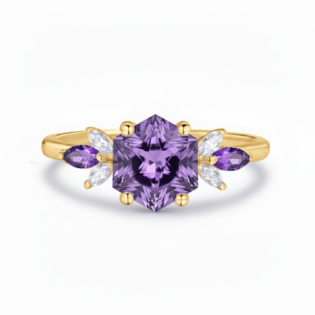 Custom Hexagon Amethyst & Marquise Moissanite Leaf Ring in 14K White Gold - Lord of Gem Rings