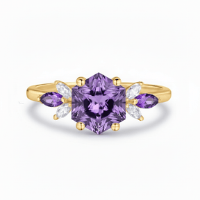Custom Hexagon Amethyst & Marquise Moissanite Leaf Ring in 14K White Gold - Lord of Gem Rings