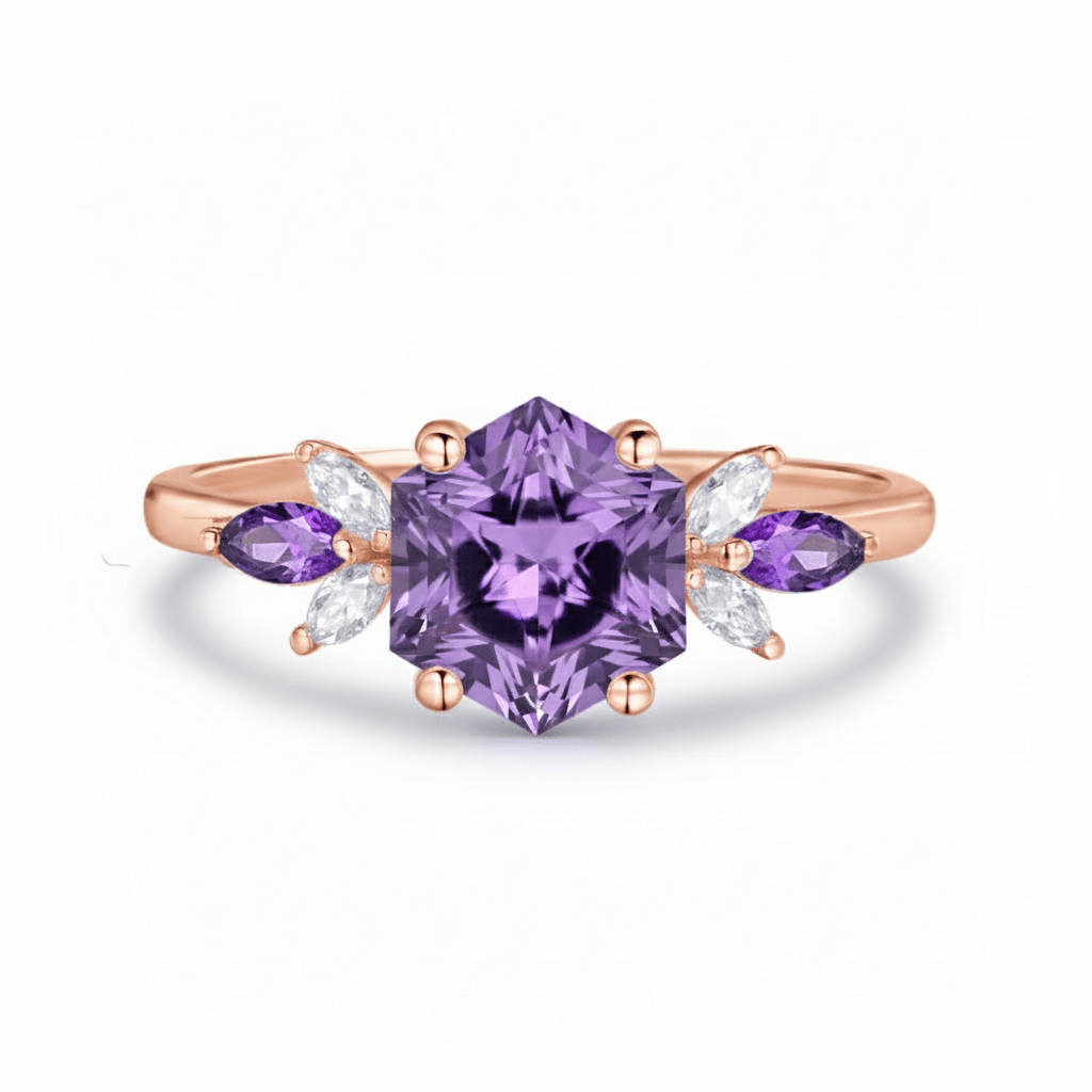Custom Hexagon Amethyst & Marquise Moissanite Leaf Ring in 14K White Gold - Lord of Gem Rings