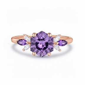 Custom Hexagon Amethyst & Marquise Moissanite Leaf Ring in 14K White Gold - Lord of Gem Rings