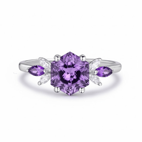 Custom Hexagon Amethyst & Marquise Moissanite Leaf Ring in 14K White Gold - Lord of Gem Rings