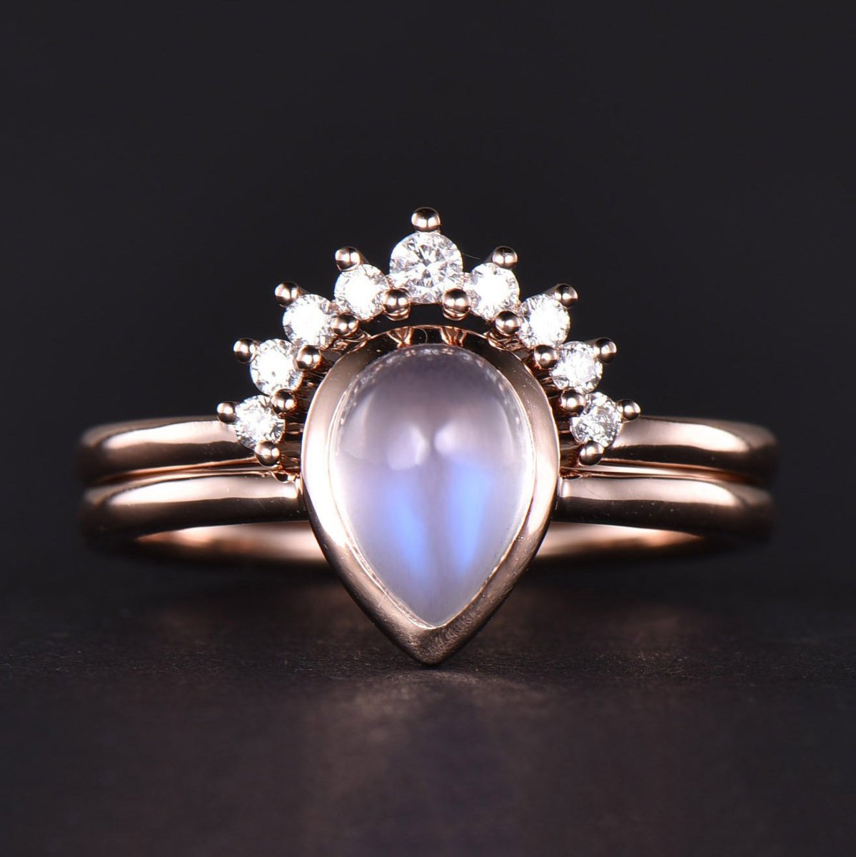 Custom Listing for Eliana - Pear Moonstone Diamond Contour Wedding Band Bridal Set - Lord of Gem Rings