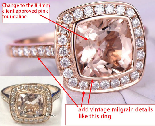 Custom Listing for Leanna- Bezel Cushion Tourmaline Ring Diamond Halo Ring Milgrain 14K Rose Gold