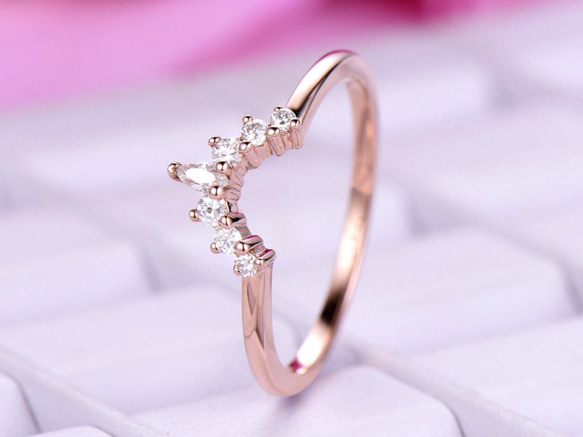 Custom Round/Marquise Moissanite Curved Contour Tiara Wedding Ring 14K Rose Gold - Lord of Gem Rings