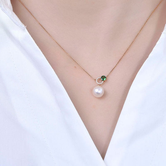 Customizable Akoya Pearl Diamond Gemstone Necklace in 14K Yellow Gold (With the chain)