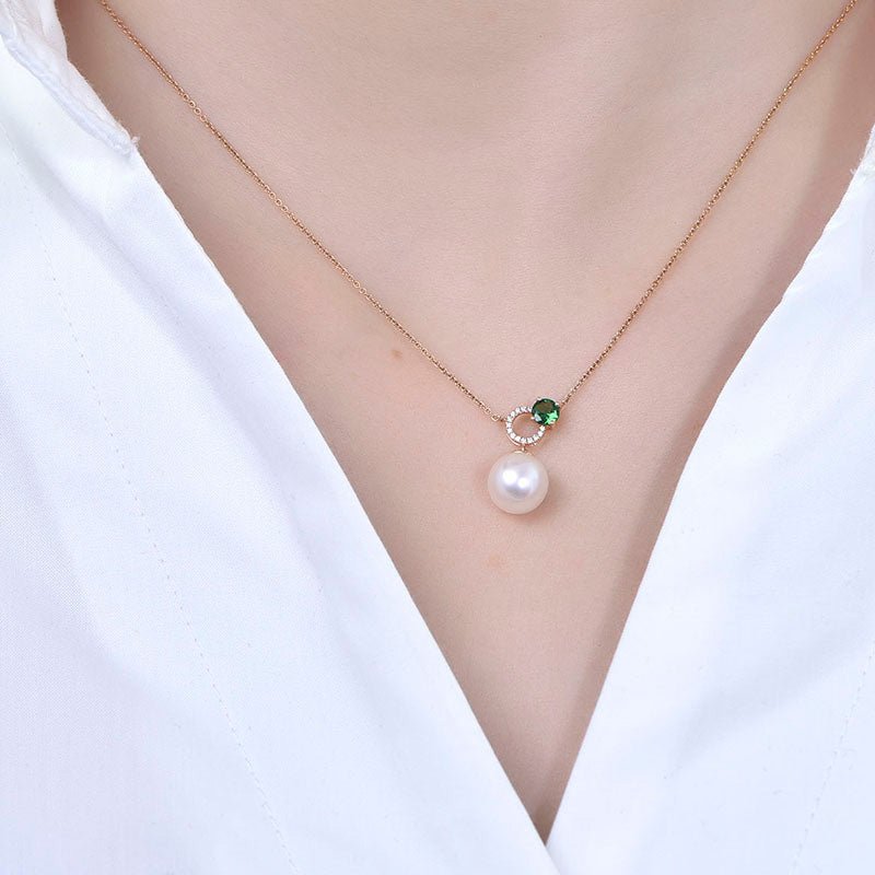 Customizable Akoya Pearl Diamond Gemstone Necklace in 14K Yellow Gold (With the chain) - Lord of Gem Rings