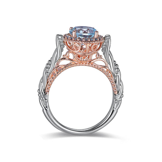 Customizable Mother's Ring Initials Vintage Aquamarine Diamond Ring 14K Two Tone Gold