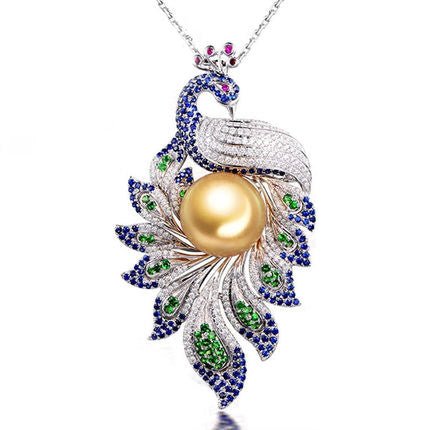 Designer Phoenix South Sea Pearl Diamond Pendant 18k Gold
