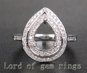 Diamond Double Halo Semi Mount Ring 14K White Gold Pear 7x9mm - Lord of Gem Rings