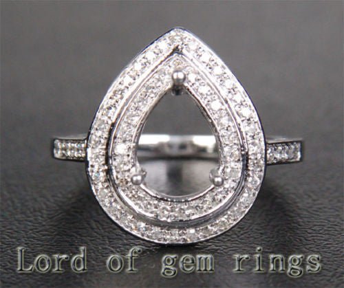 Diamond Double Halo Semi Mount Ring 14K White Gold Pear 7x9mm - Lord of Gem Rings