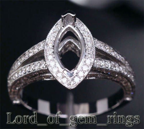 Diamond Engagement Ring Semi Mount 14K White Gold Setting Marquise 5x10mm - Lord of Gem Rings