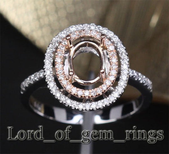 Diamond Engagement Semi Mount Ring 14K Two Tone Gold, Oval 6x8mm