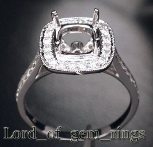 Diamond Engagement Semi Mount Ring 14K White Gold Cushion 7mm Milgrain - Lord of Gem Rings