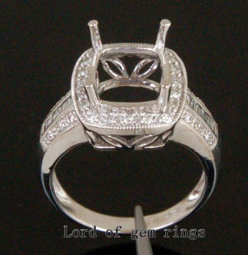 Diamond Engagement Semi Mount Ring 14K White Gold Cushion 9x11mm, Milgrain