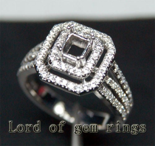 Diamond Engagement Semi Mount Ring 14K White Gold Emerald Cut 5x5mm - Lord of Gem Rings