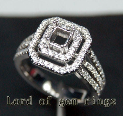 Diamond Engagement Semi Mount Ring 14K White Gold Emerald Cut 5x5mm