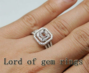 Diamond Engagement Semi Mount Ring 14K White Gold Emerald Cut 5x5mm - Lord of Gem Rings