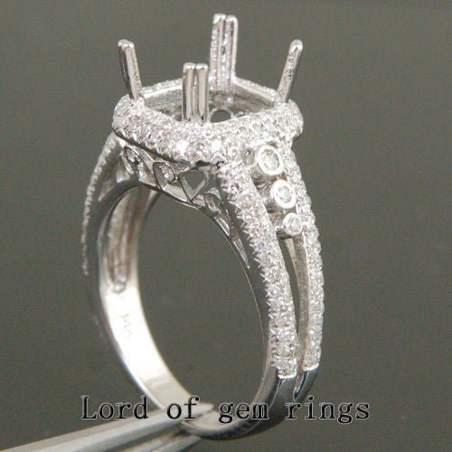Diamond Engagement Semi Mount Ring 14K White Gold Emerald Cut 7x9mm