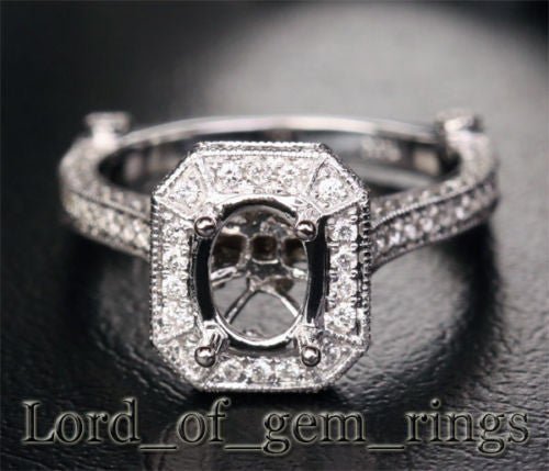 Diamond Engagement Semi Mount Ring 14K White Gold Oval 6x8mm Milgrain