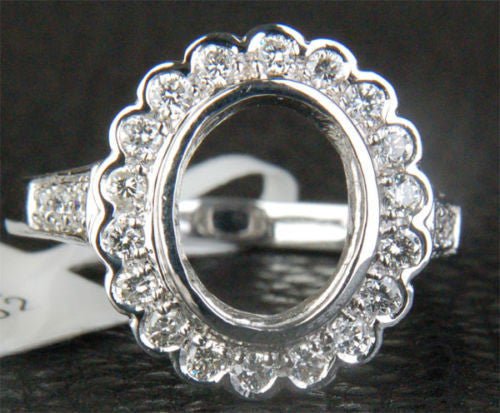 Diamond Engagement Semi Mount Ring 14K White Gold Oval 7.5x9.5mm Bezel Halo