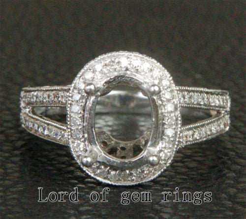 Diamond Engagement Semi Mount Ring 14K White Gold Oval 7x9mm Halo Milgrain