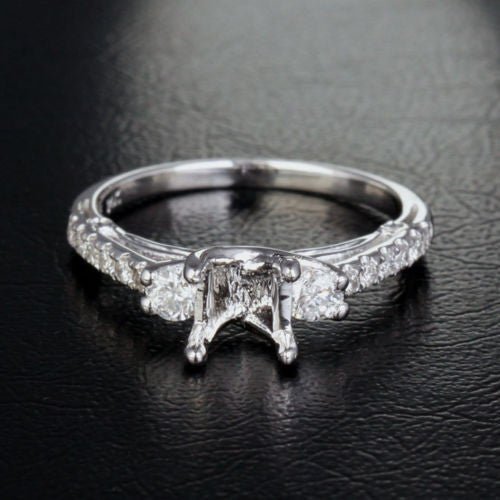 Diamond Engagement Semi Mount Ring 14K White Gold Princess 6-6.5mm