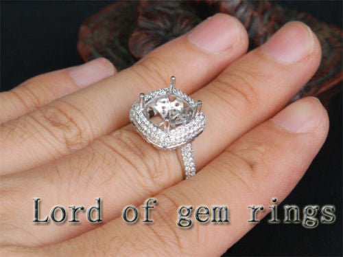 Diamond Engagement Semi Mount Ring 14K White Gold Setting Cushion 10mm - Lord of Gem Rings