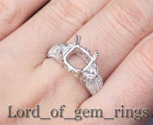 Diamond Engagement Semi Mount Ring 14K White Gold Setting Cushion 7.5-8mm - Lord of Gem Rings