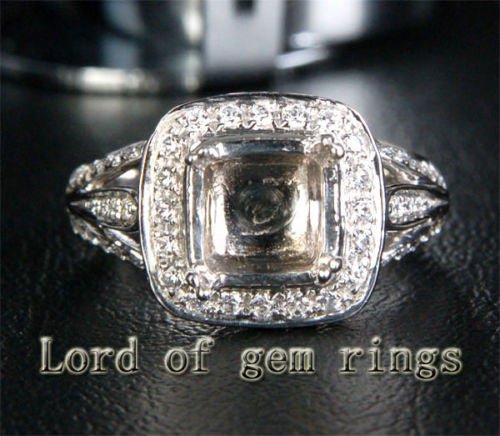 Diamond Engagement Semi Mount Ring 14K White Gold Setting Cushion 7.5mm - Lord of Gem Rings