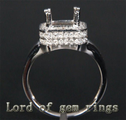 Diamond Engagement Semi Mount Ring 14K White Gold Setting Emerald Cut  5.5x7.5mm