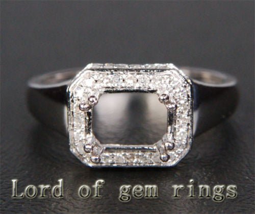 Diamond Engagement Semi Mount Ring 14K White Gold Setting Emerald Cut 5.5x7.5mm - Lord of Gem Rings
