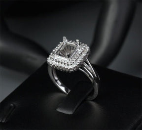 Diamond Engagement Semi Mount Ring 14K White Gold Setting Emerald Cut 6x8mm - Lord of Gem Rings