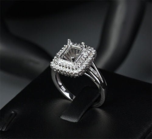 Diamond Engagement Semi Mount Ring 14K White Gold Setting Emerald Cut 6x8mm