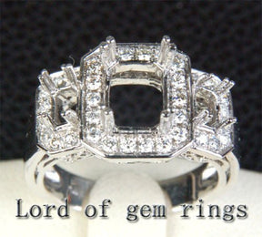 Diamond Engagement Semi Mount Ring 14K White Gold Setting Emerald Cut 6x8mm 3 stones - Lord of Gem Rings