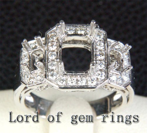 Diamond Engagement Semi Mount Ring 14K White Gold Setting Emerald Cut 6x8mm 3 stones