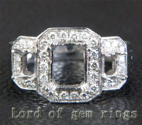 Diamond Engagement Semi Mount Ring 14K White Gold Setting Emerald Cut 6x8mm 3 stones - Lord of Gem Rings
