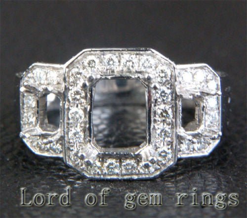 Diamond Engagement Semi Mount Ring 14K White Gold Setting Emerald Cut 6x8mm 3 stones - Lord of Gem Rings