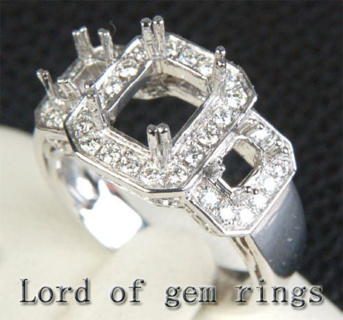 Diamond Engagement Semi Mount Ring 14K White Gold Setting Emerald Cut 6x8mm 3 stones - Lord of Gem Rings