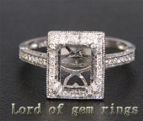 Diamond Engagement Semi Mount Ring 14K White Gold Setting Emerald Cut 6x8mm