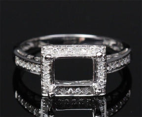 Diamond Engagement Semi Mount Ring 14K White Gold Setting Emerald Cut 6x8mm - Lord of Gem Rings