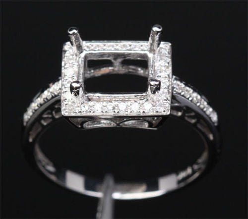 Diamond Engagement Semi Mount Ring 14K White Gold Setting Emerald Cut 6x8mm