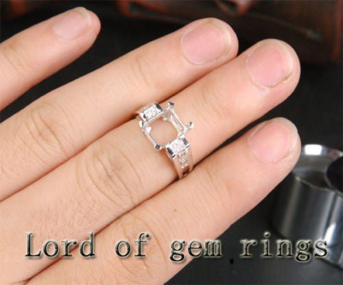 Diamond Engagement Semi Mount Ring 14K White Gold Setting Emerald Cut 8x10mm - Lord of Gem Rings