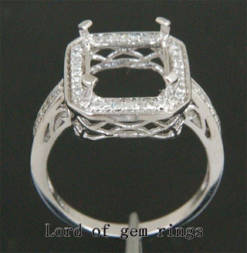 Diamond Engagement Semi Mount Ring 14K White Gold Setting Emerald Cut 9x11mm