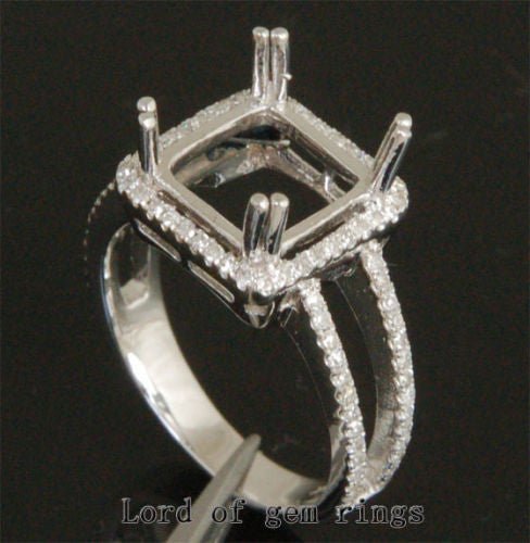 Diamond Engagement Semi Mount Ring 14K White Gold Setting Emerald Cut 9x9mm - Lord of Gem Rings