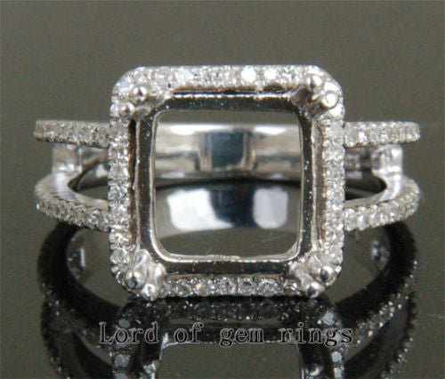 Diamond Engagement Semi Mount Ring 14K White Gold Setting Emerald Cut 9x9mm - Lord of Gem Rings