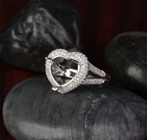 Diamond Engagement Semi Mount Ring 14K White Gold Setting Heart Shaped 11mm - Lord of Gem Rings