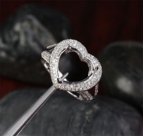 Diamond Engagement Semi Mount Ring 14K White Gold Setting Heart Shaped 11mm - Lord of Gem Rings