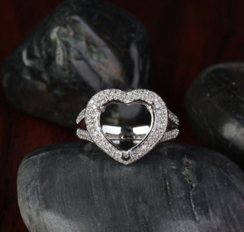Diamond Engagement Semi Mount Ring 14K White Gold Setting Heart Shaped 11mm - Lord of Gem Rings