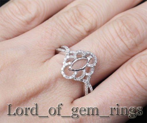 Diamond Engagement Semi Mount Ring 14K White Gold Setting Marquise 4x8mm - Lord of Gem Rings