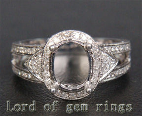 Diamond Engagement Semi Mount Ring 14K White Gold Setting Oval 6.5x8.5mm Milgrain - Lord of Gem Rings